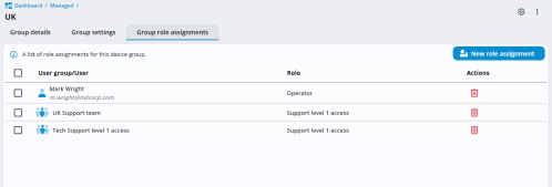 Device group Group role assignments tab showing assigned users and user groups, their roles, a New role assignment button and delete icons.